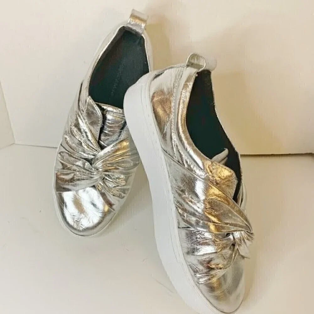 Rebecca Minkoff Nicole Silver Metallic Knot Platform Comfy Slip On Sneakers